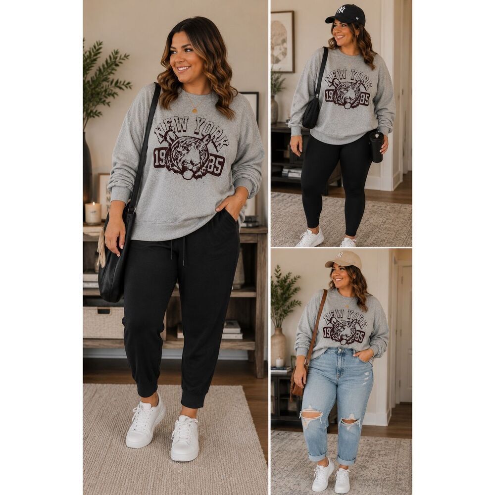 Love Tribe New York Tiger Graphic Long Sleeve Sweatshirt Gray 1X NWT Oversized B